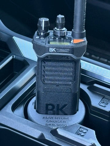 BKR-9000 RADIO IN BUFFALO ISLAND OUTFITTERS CUPHOLDER ADAPTER IN COLLABORATION WITH ADVENTURE CRUISER