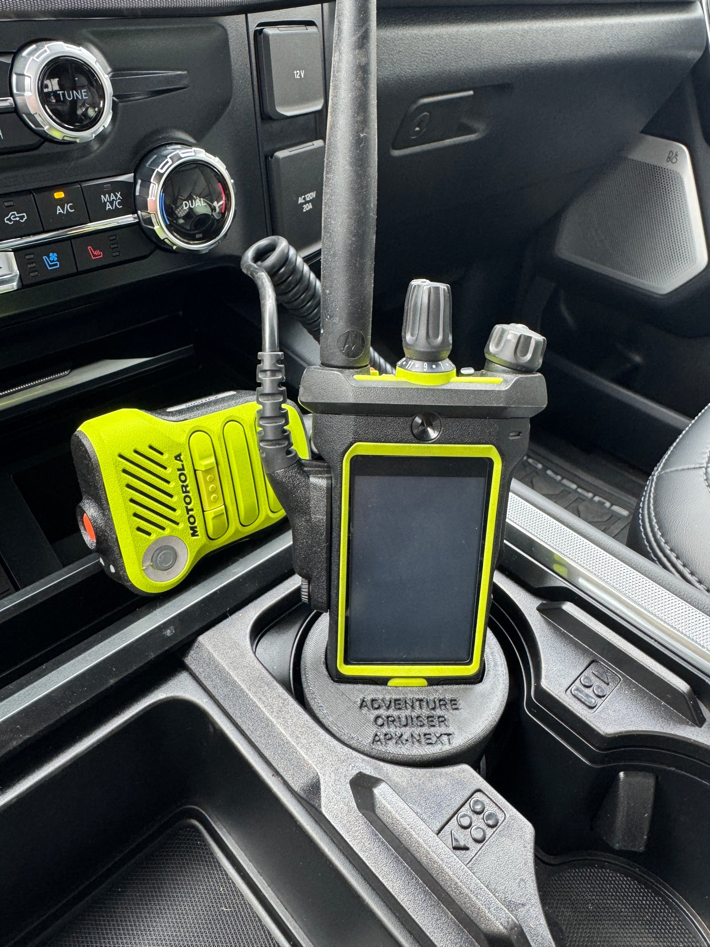 MOTOROLA APX NEXT IN BUFFALO ISLAND OUTFITTERS CUPHOLDER ADAPTER IN COLLABORATION WITH ADVENTURE CRUISER