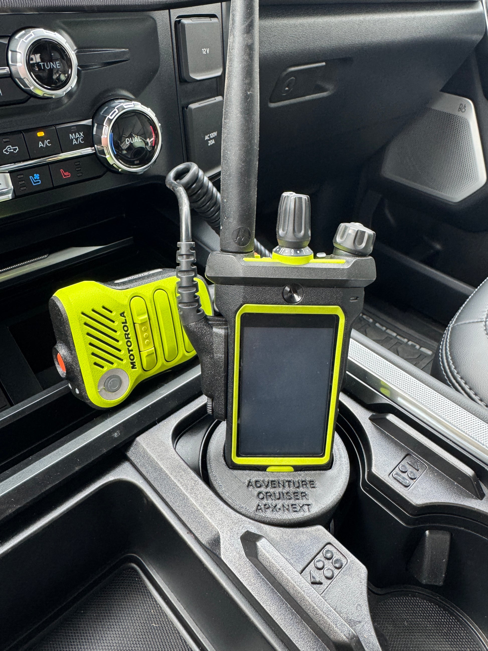 MOTOROLA APX NEXT IN BUFFALO ISLAND OUTFITTERS CUPHOLDER ADAPTER IN COLLABORATION WITH ADVENTURE CRUISER